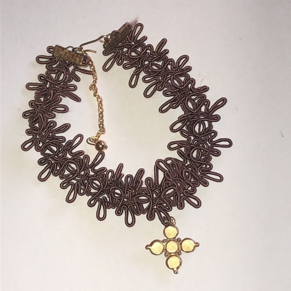 Brown Lace Choker Necklace with Faux Pearl Cross Pendant - Picture 5 of 5